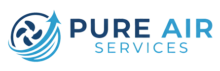 Pure Air Services logo with a fan icon and blue upward arrow on the left, company name in bold blue and light blue text on a white background.