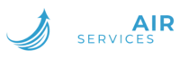 Logo for Pure Air Services featuring blue text and a circular icon with a fan and upward arrow, representing air movement and cleanliness.