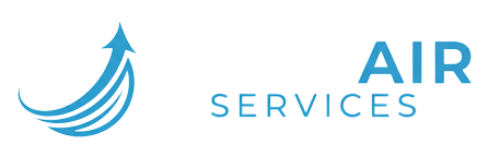 Logo for Pure Air Services featuring blue text and a circular icon with a fan and upward arrow, representing air movement and cleanliness.