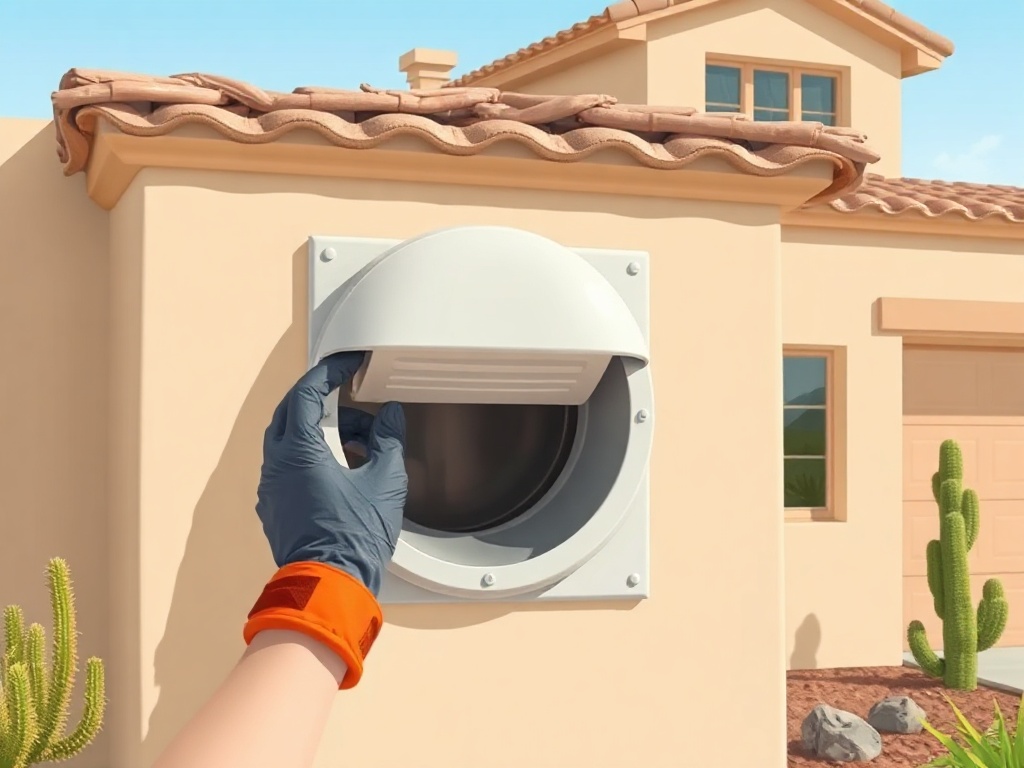 Cave Creek, AZ A dryer vent cleaning specialist removing a blockage from an exterior vent cover on a luxury Cave Creek AZ home near Black Mountain