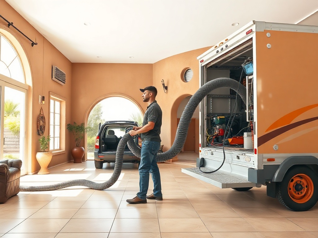 A duct cleaning technician performing professional air duct cleaning inside a large custom Pueblo-style home in <span class="av_sa_city">Chandler Heights</span>, <span class="av_sa_state">AZ</span>