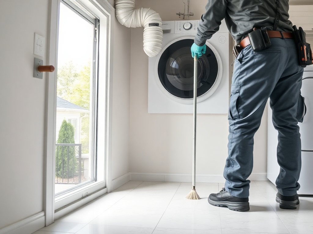 An air duct cleaning and dryer vent service professional cleaning a residential dryer vent in a second-floor laundry room inside a <span class="av_sa_city">Litchfield Park</span>, <span class="av_sa_state">AZ</span> home in the Dreaming Summit neighborhood