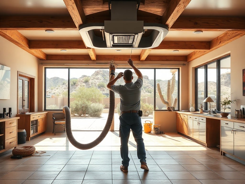 A professional performing air duct cleaning in a large custom ranch home near Daisy Mountain in New River, AZ