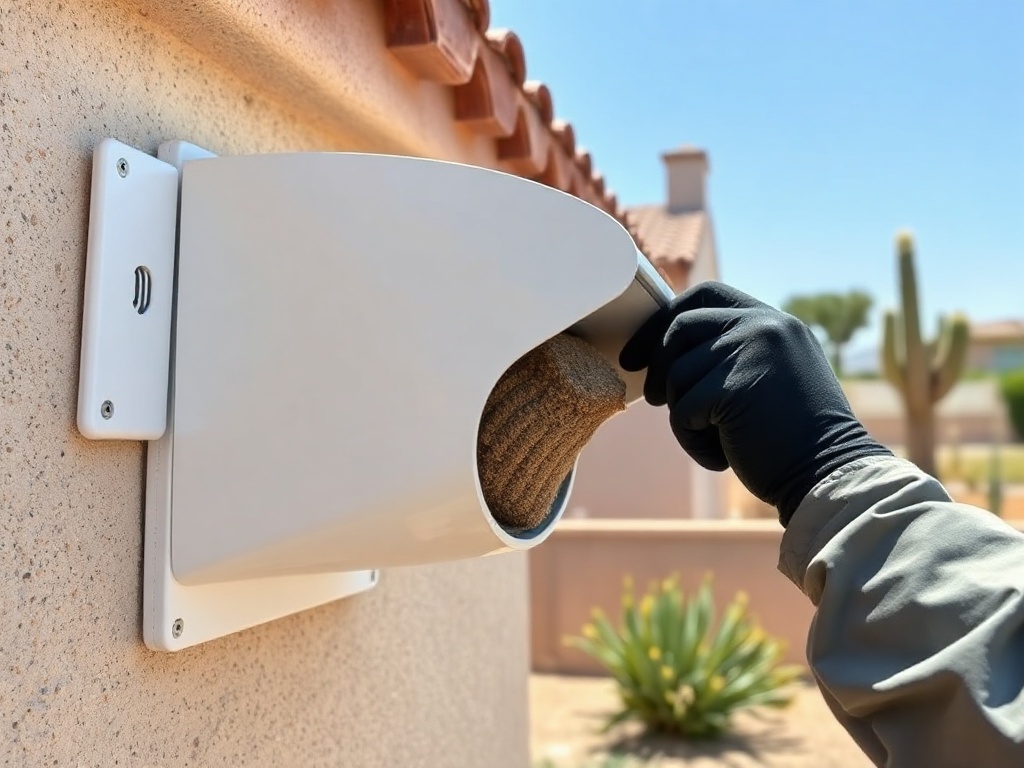 Peoria, AZ A Pure Air Service technician clearing a clogged dryer vent hood on the exterior of a <span class="av_sa_city">Peoria</span>, <span class="av_sa_state">AZ</span> home as part of an air duct cleaning and dryer vent service