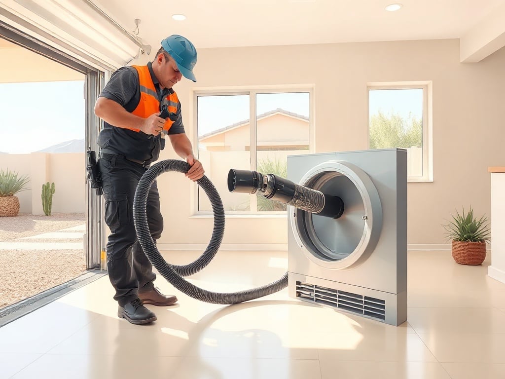 A certified technician performing air duct cleaning inside a spacious Queen Creek home near Ironwood Crossing