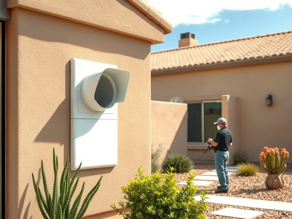 Technician inspecting a dryer vent for lint buildup on a home near Schnepf Farms in Queen Creek AZ as part of a dryer vent cleaning service