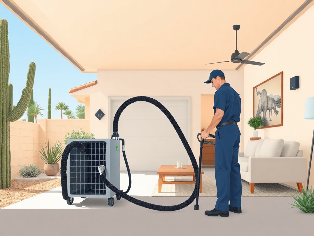 Scottsdale, AZ A certified air duct cleaning technician cleaning ducts in a Scottsdale Arizona ranch-style home near McCormick Ranch
