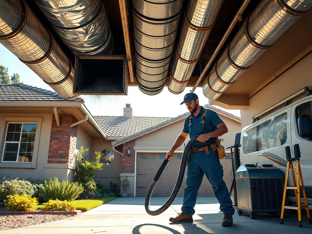 Sun City, AZ A air duct cleaning technician carefully cleaning the interior of aged ranch-style home ductwork near Ventana Lakes in <span class="av_sa_city">Sun City</span>, <span class="av_sa_state">AZ</span>