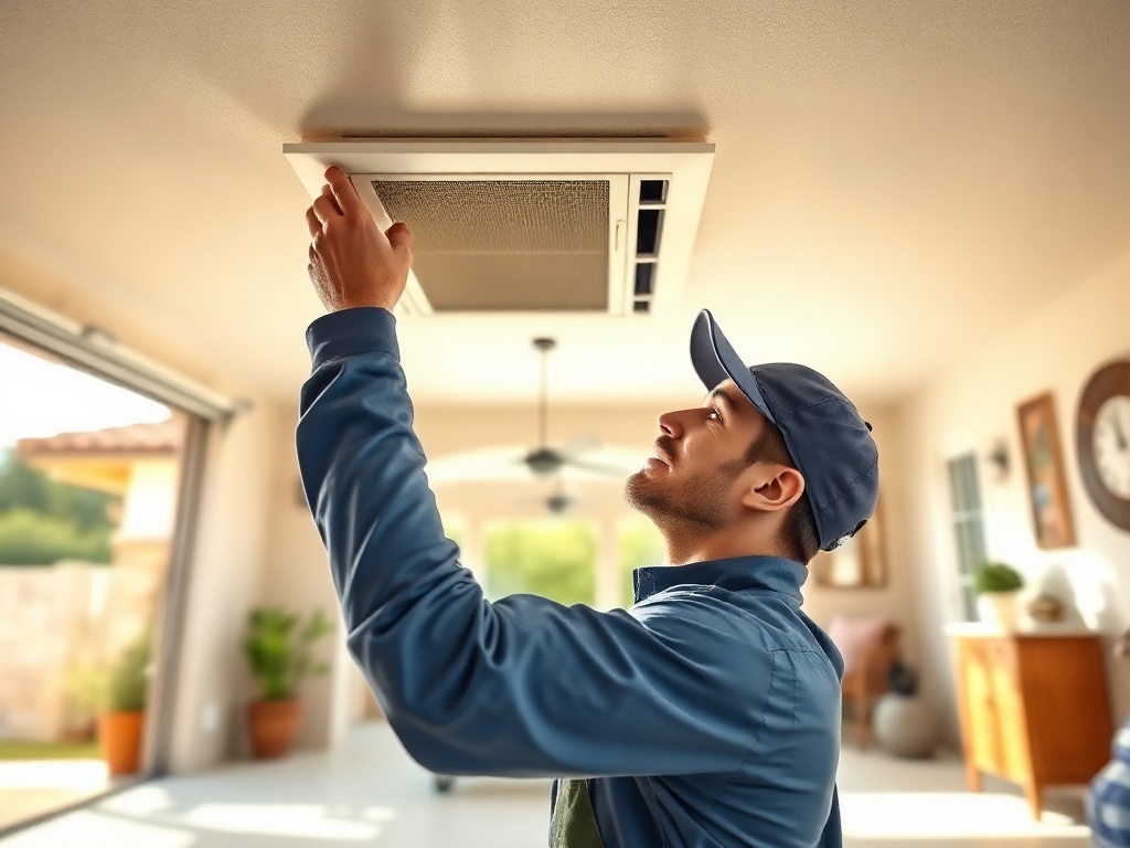 Tolleson, AZ A technician performing air duct cleaning inside a <span class="av_sa_city">Tolleson</span> <span class="av_sa_state">AZ</span> home near Van Buren Street, removing dust and allergens from a ceiling register