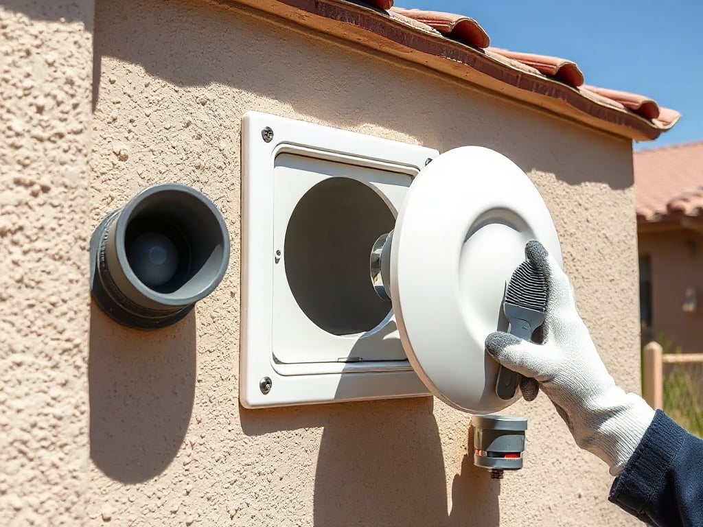 A home services professional inspecting a dryer vent cap during an air duct cleaning and dryer vent service call at a Gilbert Arizona residence