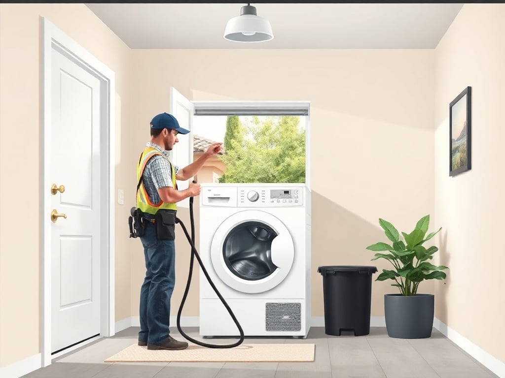 Goodyear, AZ A dryer vent cleaning technician servicing a residential laundry room near Estrella Mountain Ranch in <span class="av_sa_city">Goodyear</span>, <span class="av_sa_state">AZ</span>
