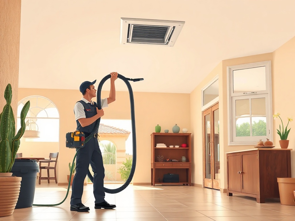 Rio Verde, AZ A technician performing residential air duct cleaning inside a luxury desert-style home in the Tonto Verde neighborhood of Rio Verde, Arizona