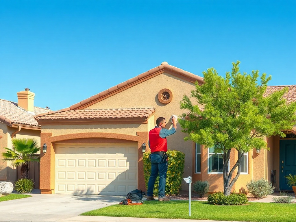 Dryer vent cleaning technician inspecting an exterior vent on a stucco home in the Fulton Ranch area of <span class="av_sa_city">Chandler</span>, <span class="av_sa_state">AZ</span>