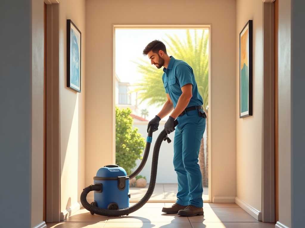 A is air duct cleaning worth it technician using professional negative-pressure equipment to clean a residential air duct in a bright Arizona home hallway.