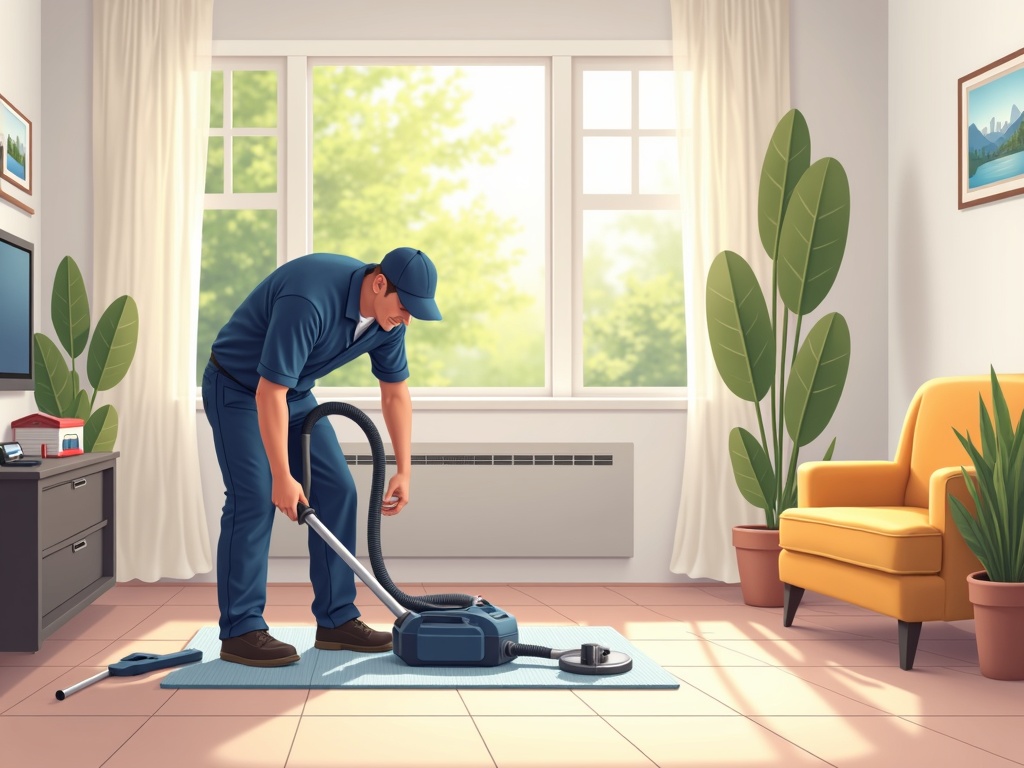 A professional duct cleaning technician connecting negative-pressure vacuum equipment to a home air duct register — the thorough setup that defines a trustworthy questions to ask before hiring duct cleaner.