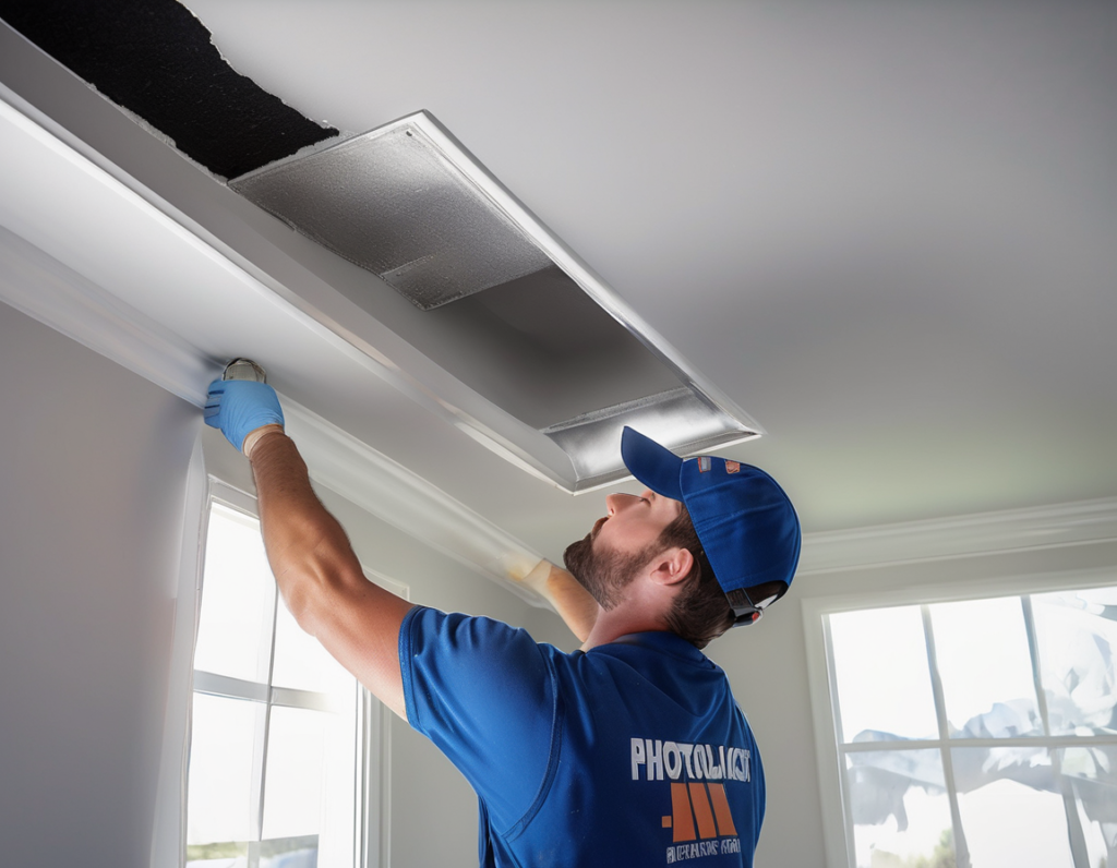A duct cleaning technician inspecting a dusty supply register in a new construction home as part of air duct cleaning for new construction home service in