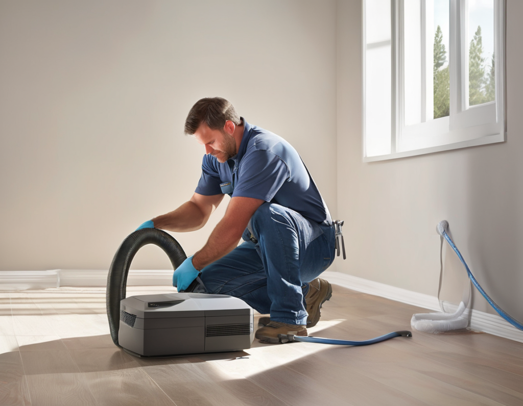 Why Your House Is Still Dusty Even After You Just Cleaned It A professional duct cleaning technician working in a home, using commercial equipment to resolve why is there so much dust in my house caused by years of buildup inside the air ducts