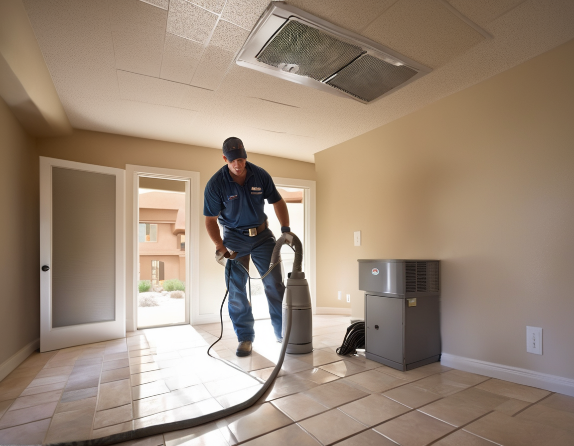 Why Your House Is Still Dusty Even After You Just Cleaned It A professional duct cleaning technician working in a home, using commercial equipment to resolve why is there so much dust in my house caused by years of buildup inside the air ducts