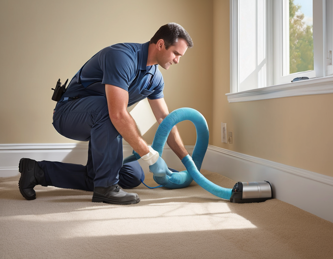 A technician performing family owned vs franchise duct cleaning service, inserting a vacuum hose into an air duct register in a sunlit living room.