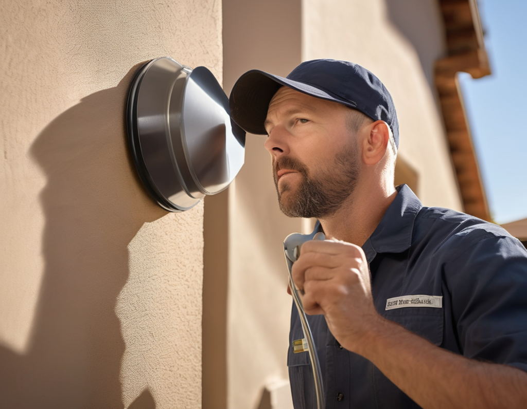 Why Your Dryer Takes Two Full Cycles to Dry One Load — and What's Really Going On A professional technician inspecting a dryer vent on the exterior of a stucco home — a common step in diagnosing why does my dryer take two cycles in Arizona homes.