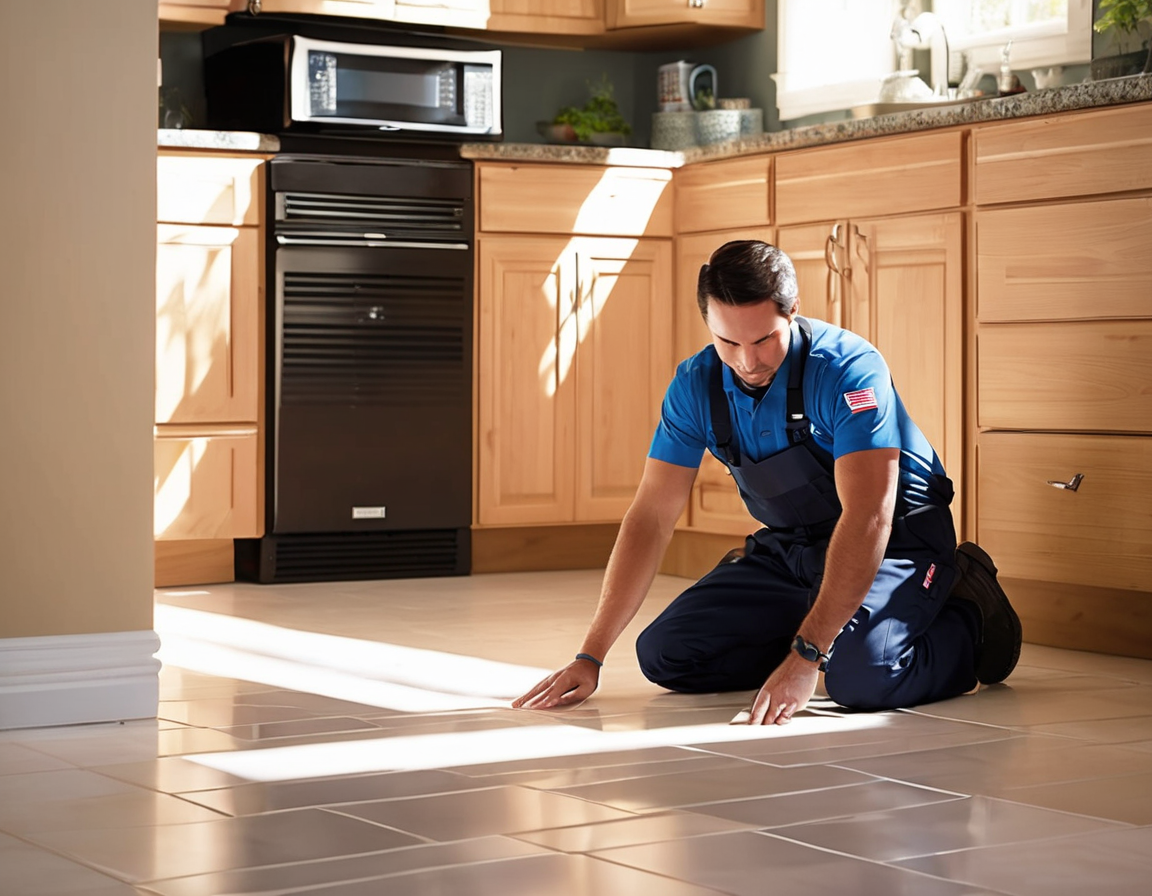 A duct cleaning technician inspecting an open floor vent register in a sunny Arizona home — investigating mold smell from hvac vents