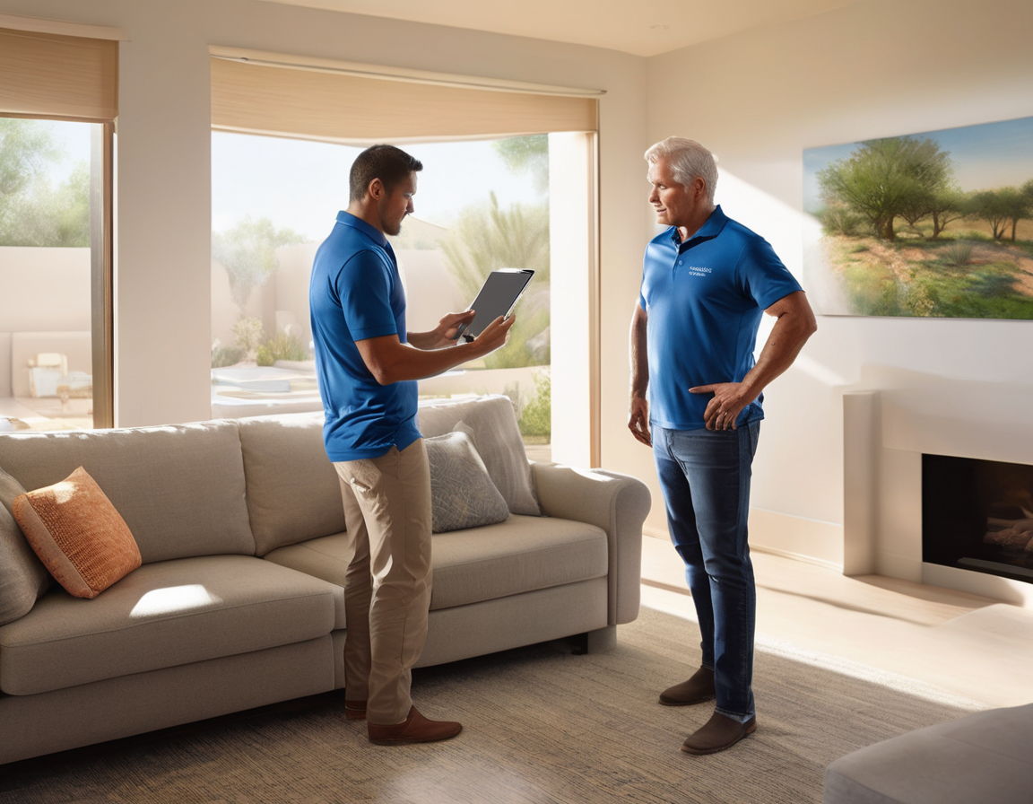 How to Read a Duct Cleaning Quote — and the Line Items That Should Raise a Flag A professional duct cleaning technician reviewing a printed getting a duct cleaning quote with a homeowner beside an open air vent in a sunlit Arizona home