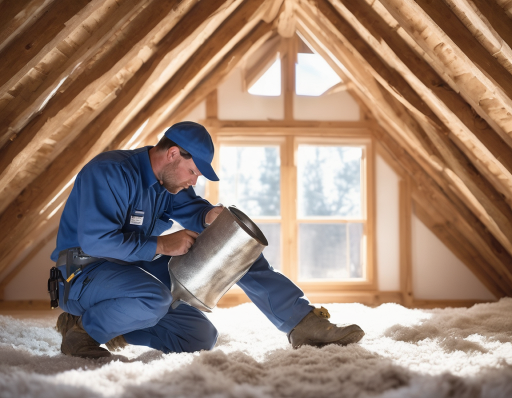 An HVAC technician inspecting builder grade ductwork quality inside a sunlit Arizona attic during a professional duct cleaning visit