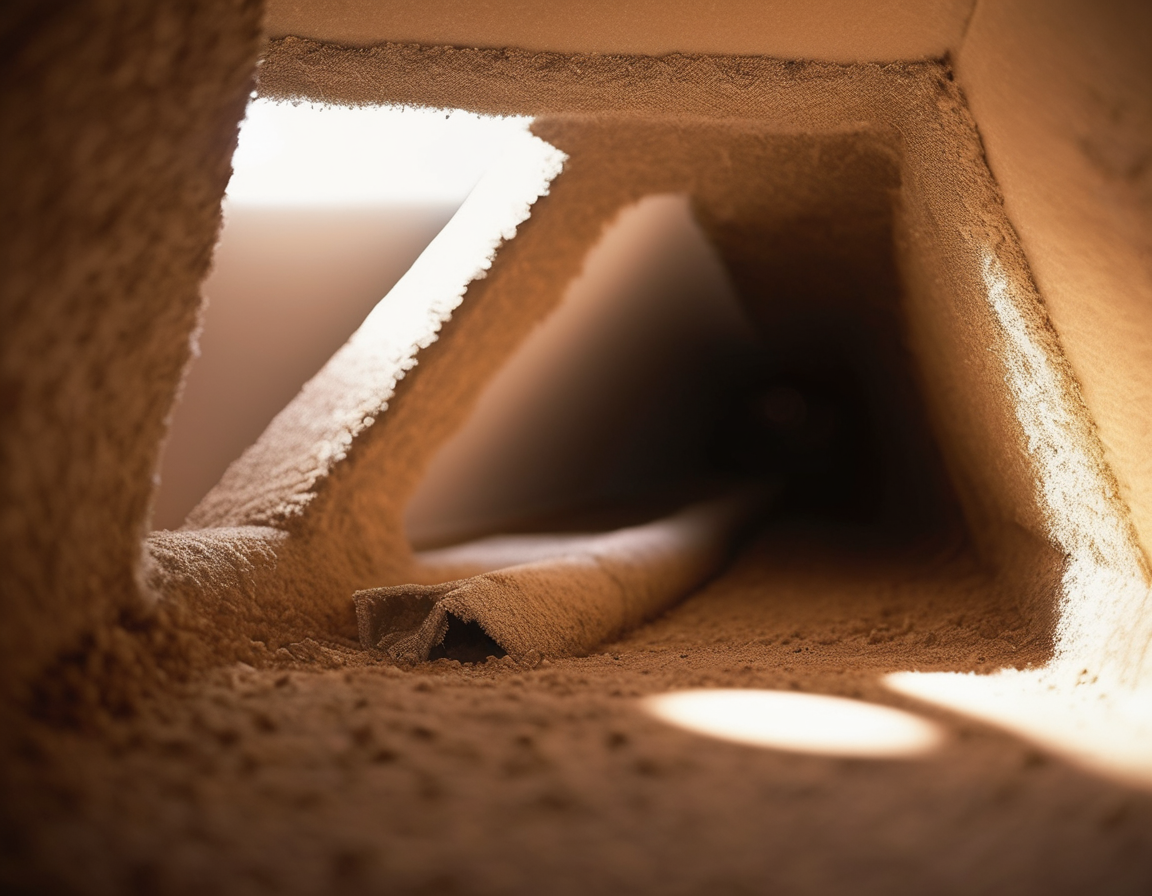 An HVAC technician inspecting builder grade ductwork quality inside a sunlit Arizona attic during a professional duct cleaning visit