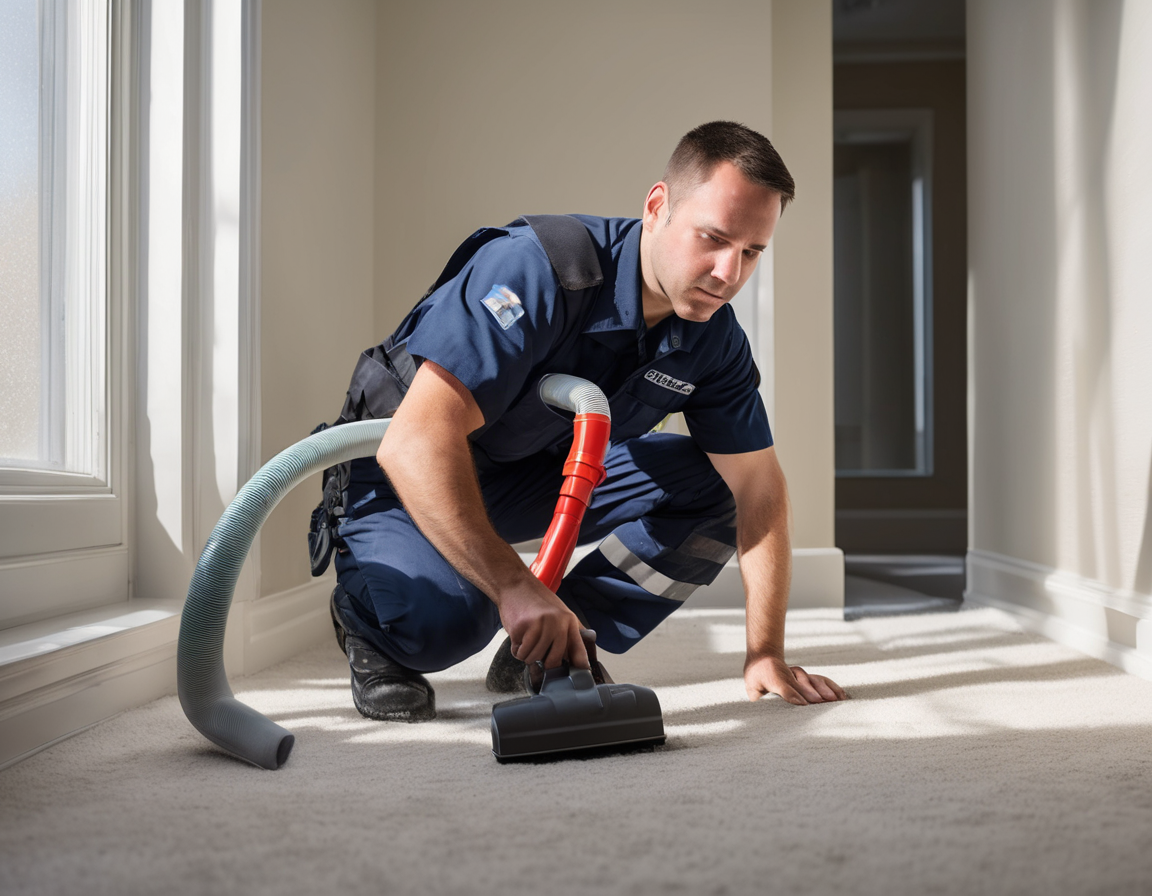 A professional HVAC technician performing when to clean air ducts after renovation with vacuum equipment at a duct register inside a newly renovated home