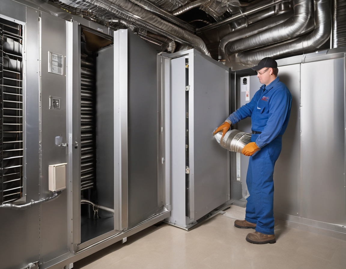 Why the Air Handler Cabinet Is the One Part of Your HVAC Nobody Talks About Cleaning A technician performing air handler cabinet cleaning on a residential HVAC unit, inspecting the evaporator coil and blower wheel inside an open air handler cabinet.