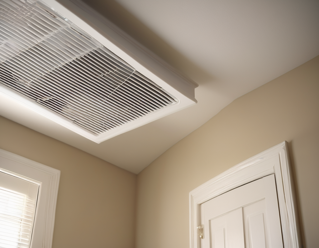 A ceiling air vent register with visible dust buildup — a classic sign of a register barely blowing air in an register barely blowing air situation
