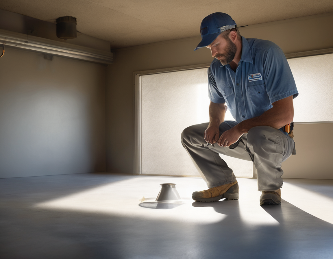 An HVAC technician performing a ductwork in garage inspection, examining a flexible duct connection near the ceiling of a residential Arizona garage.