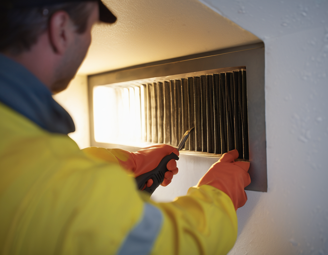 Getting Your Air System Ready Before Pre-Summer Heat Sets In An HVAC technician performing pre summer hvac duct cleaning at a residential home in Phoenix, AZ, working on an open floor register in a sun-filled living room.