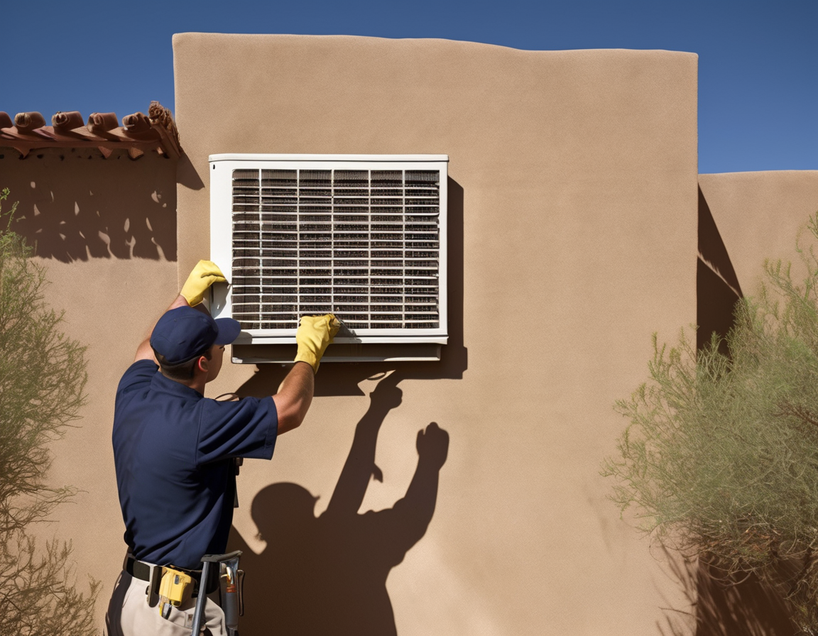 Your HVAC Fresh Air Intake Could Be Pulling Outdoor Pollution Straight Into Your Home An HVAC technician performing hvac fresh air intake cleaning on the exterior of a Phoenix-area home in bright morning sunlight.