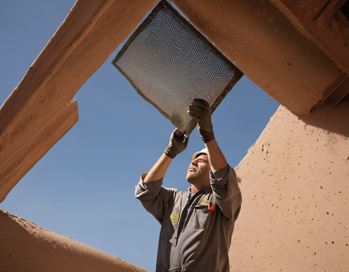 An HVAC technician performing hvac fresh air intake cleaning on the exterior of a Phoenix-area home in bright morning sunlight.