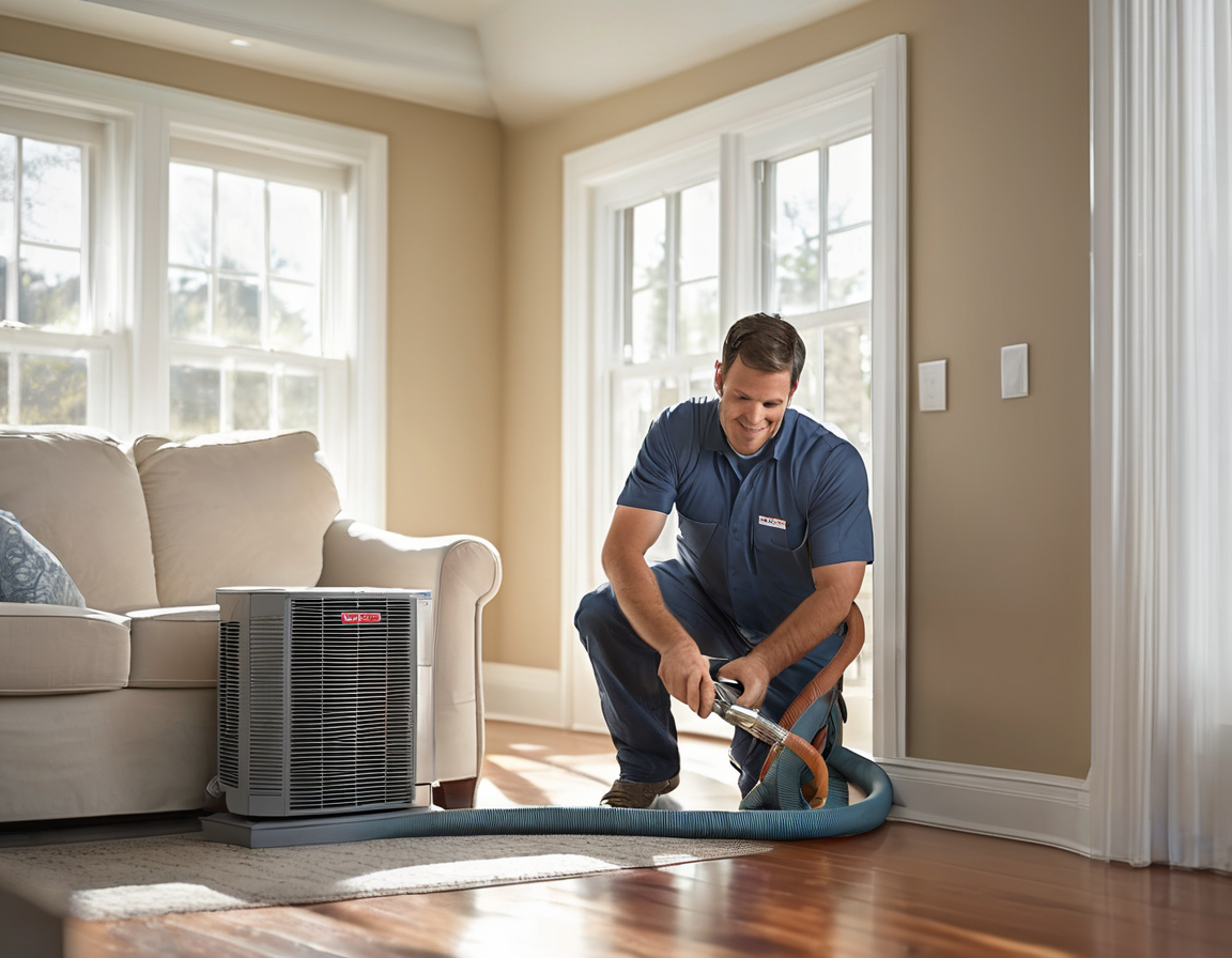 Smoke Odor in Your HVAC System: Where It Hides and How to Actually Clear It An HVAC technician performing smoke odor in hvac ducts removal service at a residential home, with professional cleaning equipment attached to an open floor register.