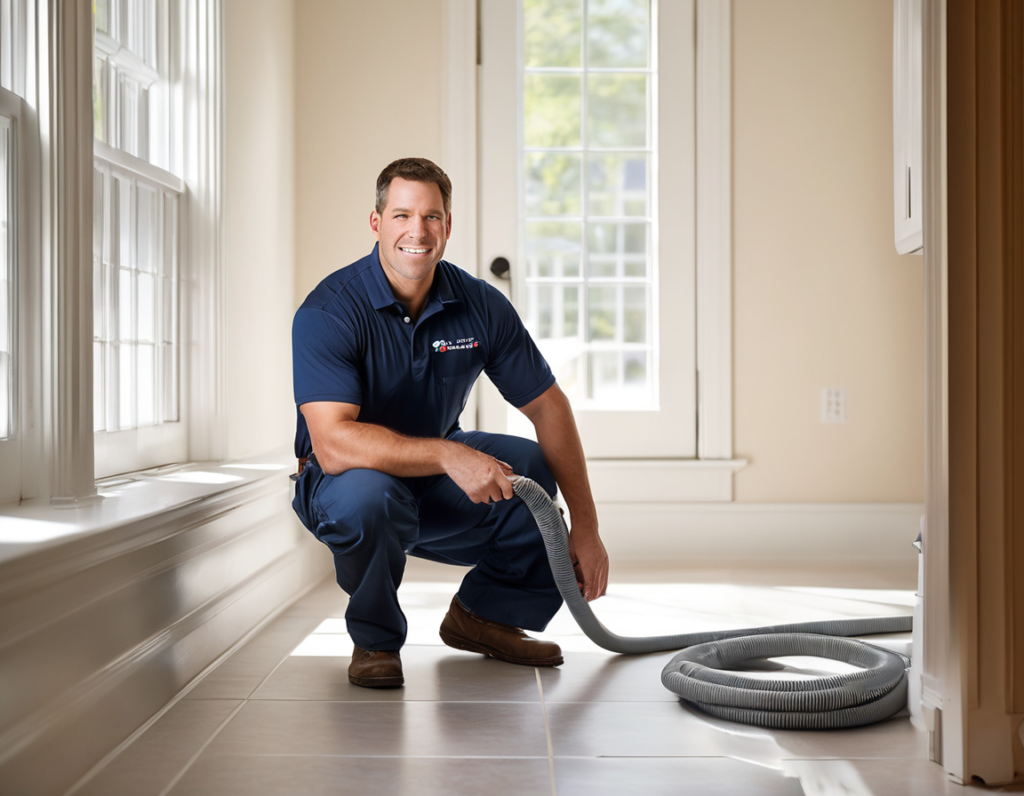 An HVAC technician using a ductwork camera scope to inspect the inside of a home's air duct, watching live footage on a handheld monitor during an air duct cleaning inspection.
