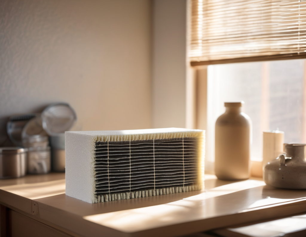 What Arizona's High Desert Dust Levels Do to Your HVAC System Between Service Visits A dust-clogged HVAC filter coated in pale desert particulate, showing the impact of high desert dust levels home environments place on air systems between service visits