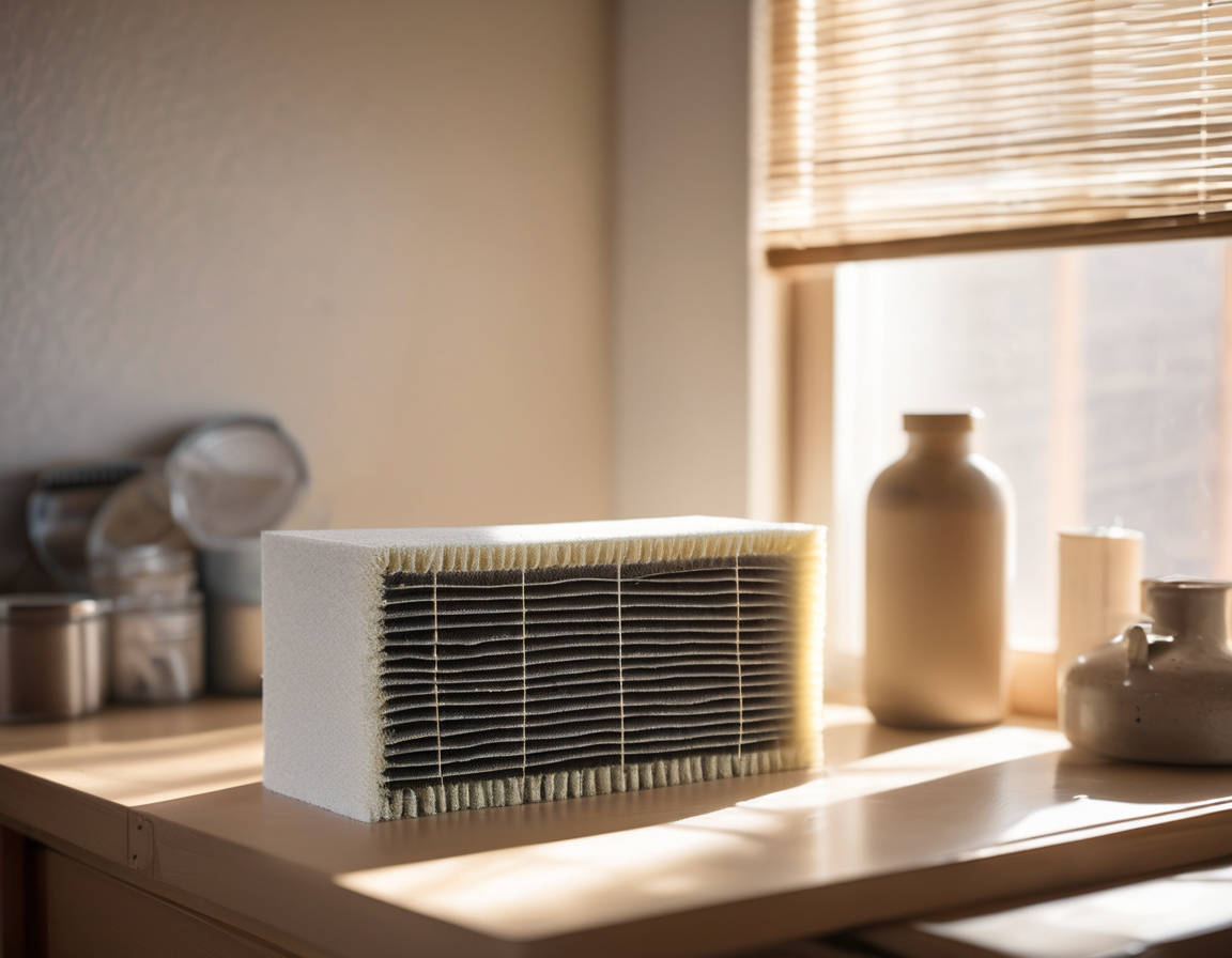A dust-clogged HVAC filter coated in pale desert particulate, showing the impact of high desert dust levels home environments place on air systems between service visits