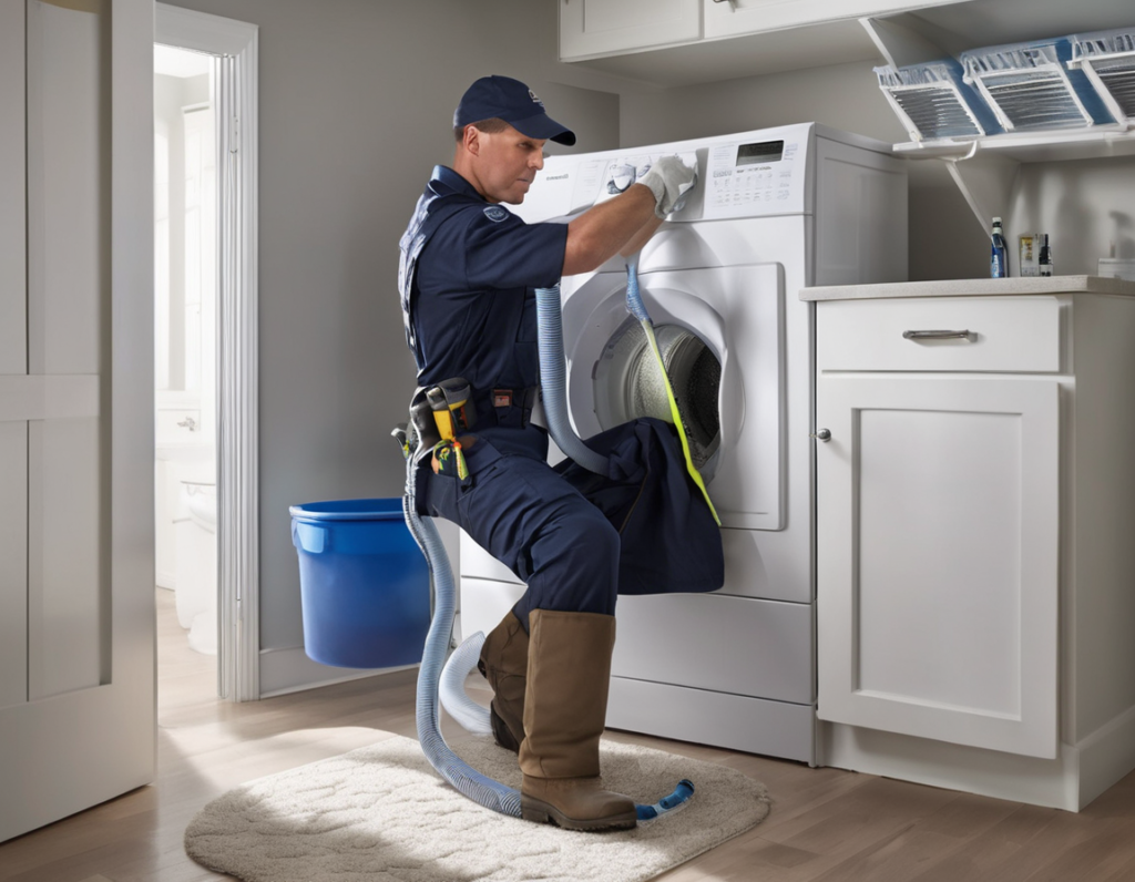Dryer Vent Cleaning in a Condo: What's Different and Why It's Often Overlooked A professional technician performing dryer vent condo cleaning on a ceiling-routed duct inside a Phoenix condominium laundry room, with lint debris collected on a drop cloth below.
