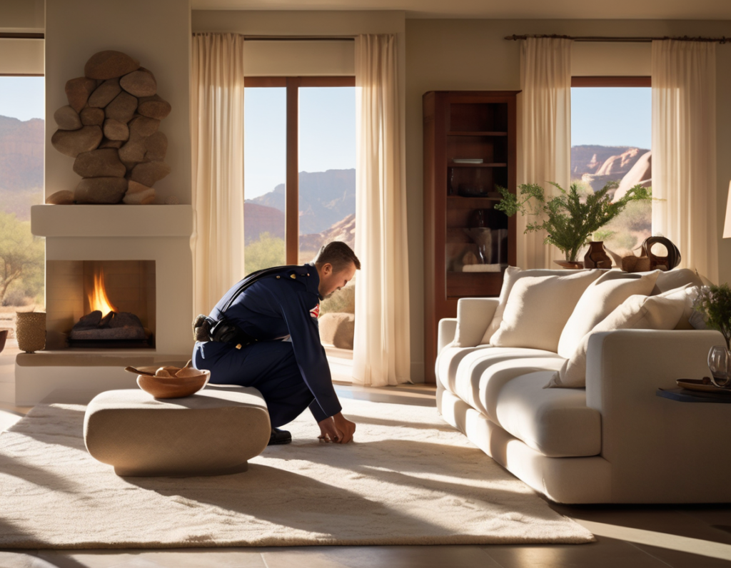 A technician performing a smoke smell no fire chimney inspection beside a residential fireplace in a Phoenix-area home