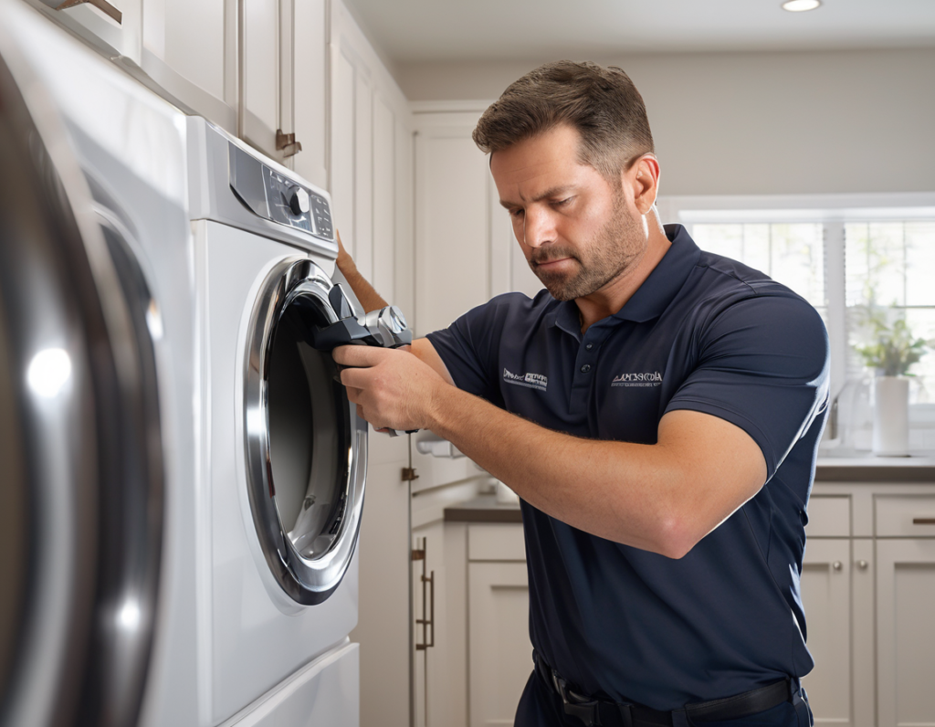 A technician performing a dryer vent route inspection behind the wall of a clean Arizona home laundry room in warm afternoon light.