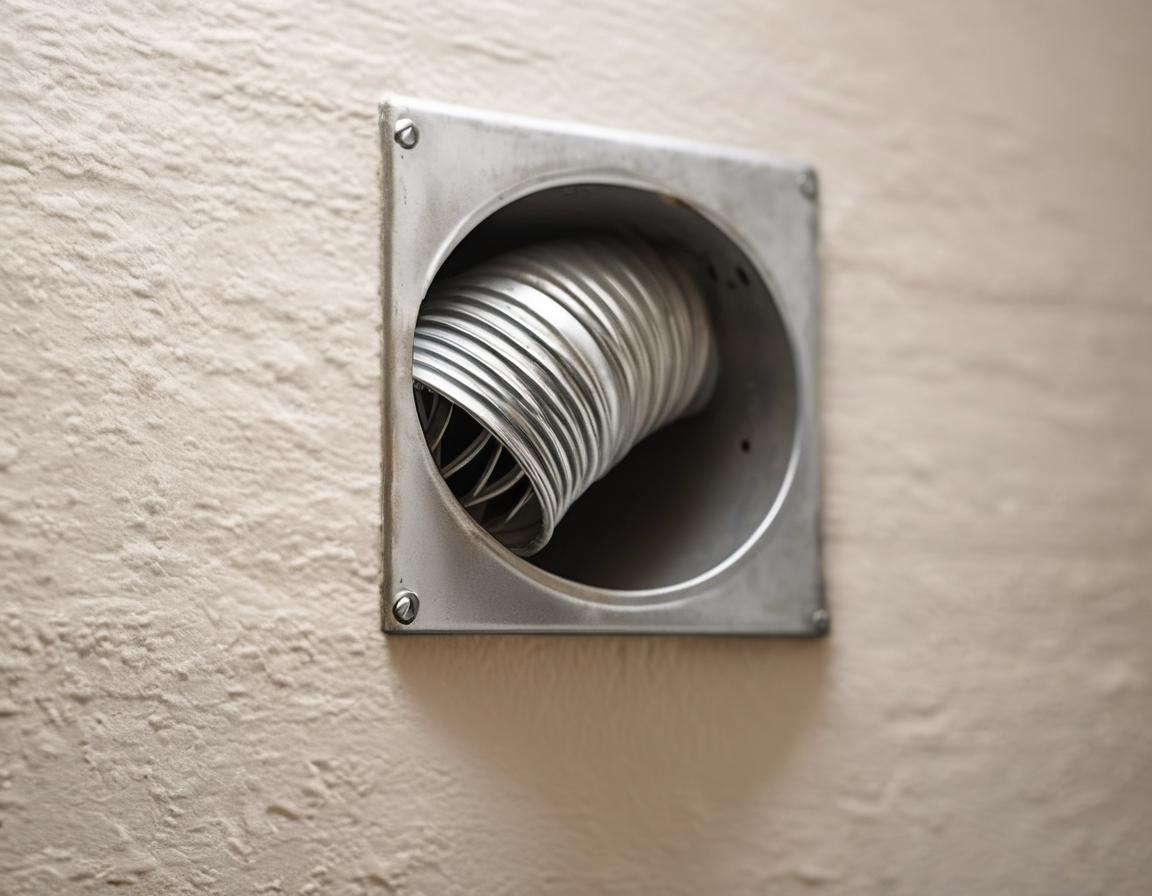 A technician performing a dryer vent route inspection behind the wall of a clean Arizona home laundry room in warm afternoon light.