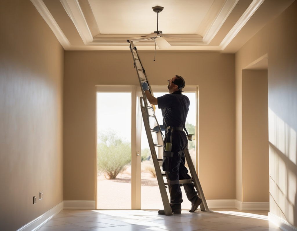 An HVAC technician performing immune compromised household air quality duct cleaning inside a residential home in the Phoenix area
