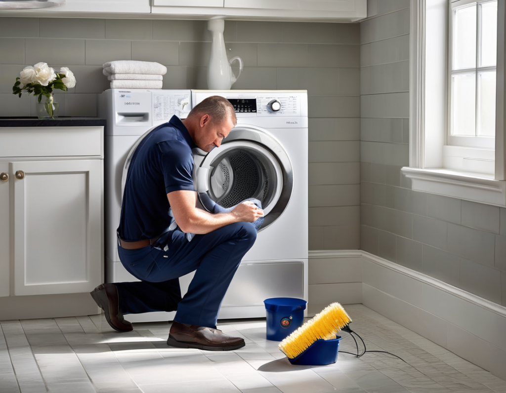 How Long Does a Dryer Vent Cleaning Actually Take? What to Expect Start to Finish A dryer vent cleaning technician running a rotary brush through a residential duct — showing how long does dryer vent cleaning take in a typical home laundry room.