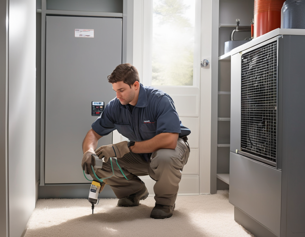 A technician performing air handler cleaning by cleaning the evaporator coil inside an open residential air handler cabinet
