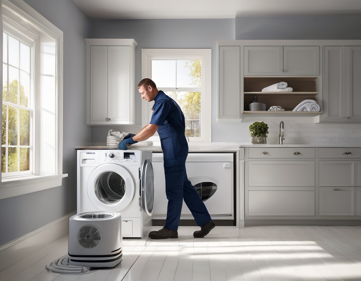 The Burning Smell Coming from Your Laundry Room Is Not Something to Ignore A dryer vent technician inspecting the duct connection behind a residential dryer — the scene shows why does my laundry room smell like burning being diagnosed by a professional in a bright laundry room.
