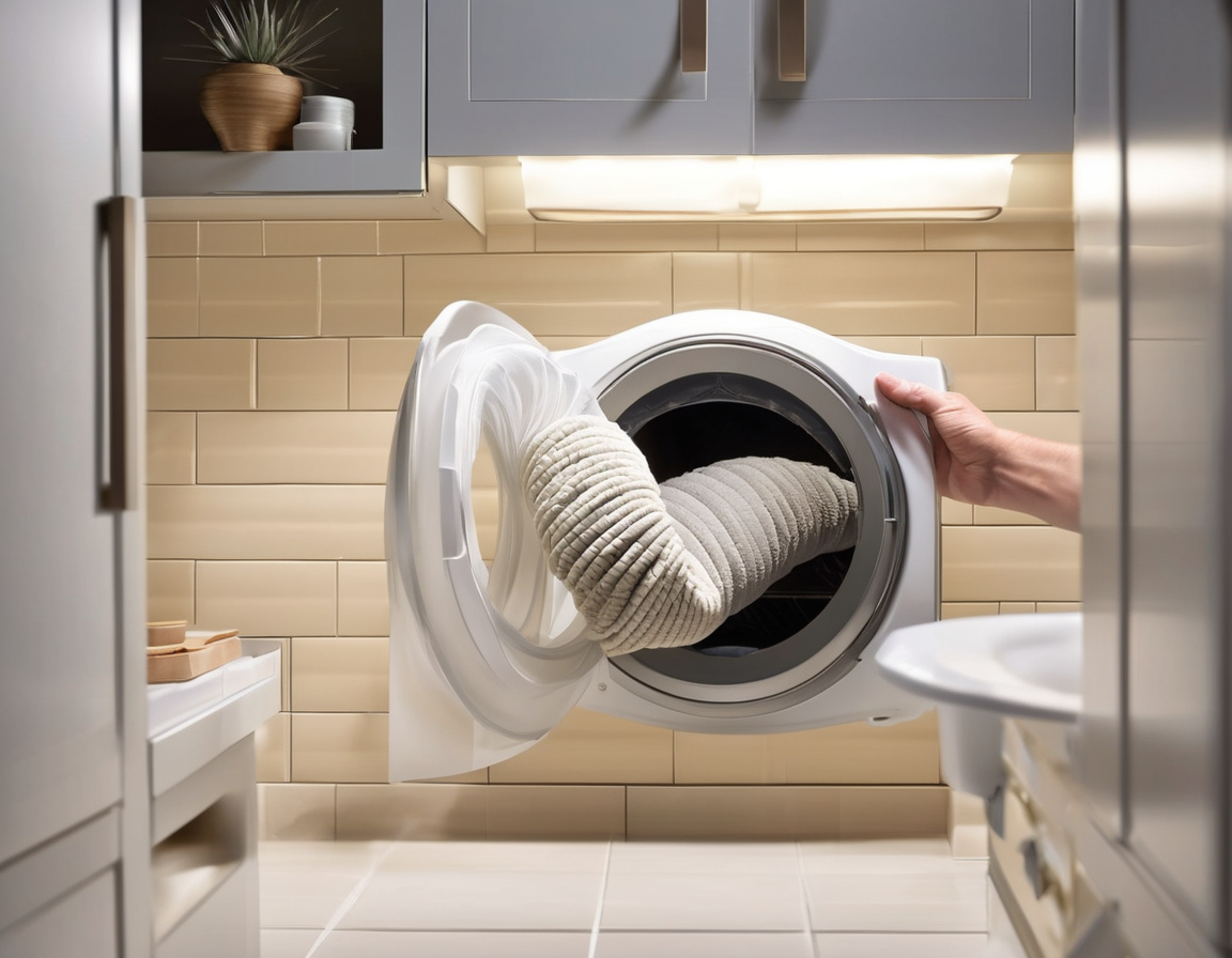 A dryer vent technician inspecting the duct connection behind a residential dryer — the scene shows why does my laundry room smell like burning being diagnosed by a professional in a bright laundry room.