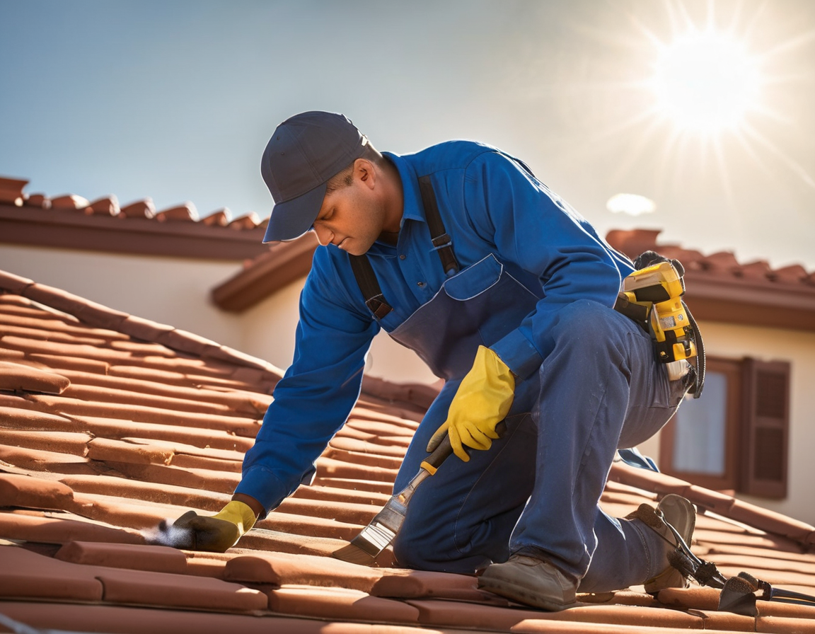 A dryer vent cleaning technician performing roof-access dryer vent cleaning on a home in the Thompson Ranch area of El Mirage, Arizona