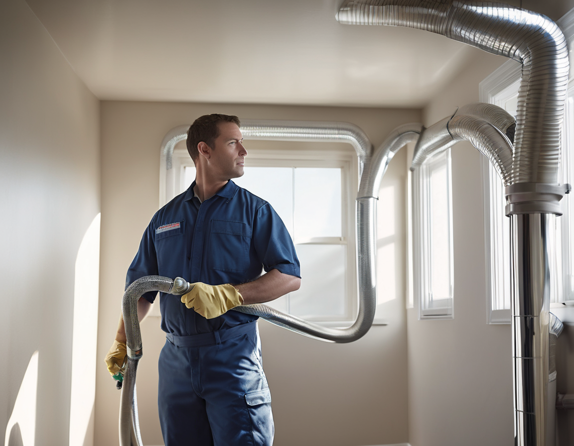 Mesa, AZ A technician performing air duct cleaning Mesa AZ service inside a residential home utility area near the HVAC air handler